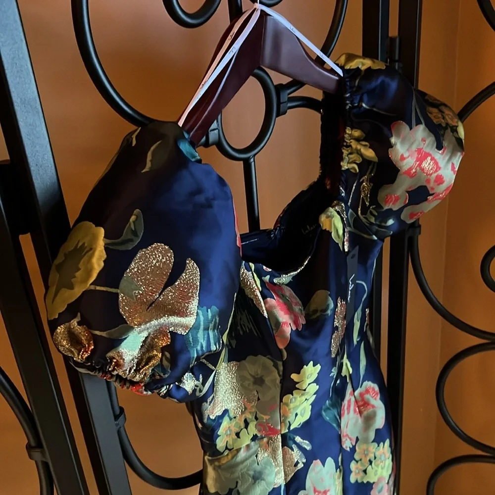 LULU’S “So Stunning Navy Blue Floral Jacquard Puff Sleeve Mini Dress” - Picture 8 of 16